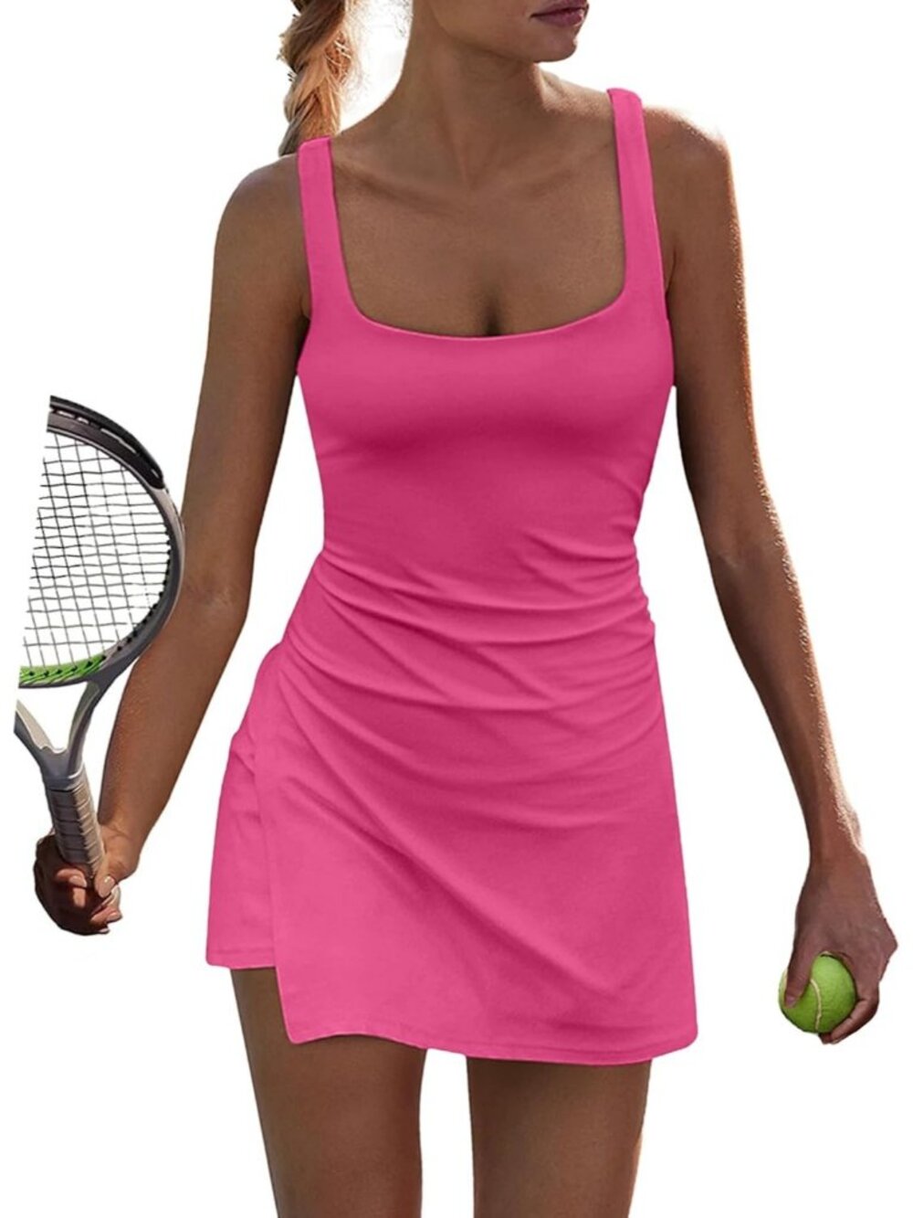 Women's Mini Dress Rose Pink Square Neck Casual Summer Spaghetti Strap Outfits